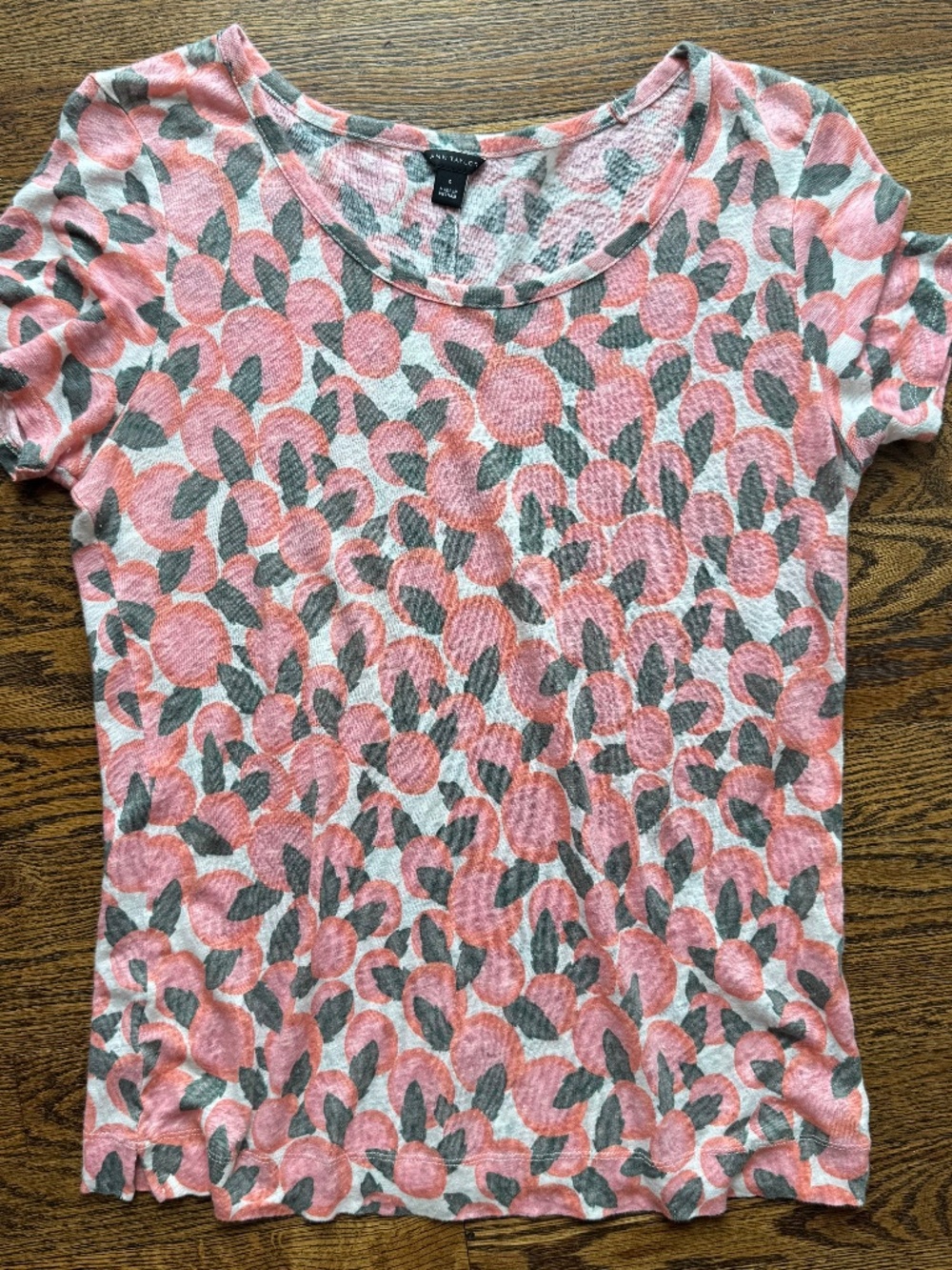 Ann Taylor Linen Peach Print Short Sleeve Scoop Neck Tee S